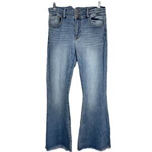 Kancan High Rise Super Flare Jean Size 30 Blue Raw Hem Stretch Boho Hippie